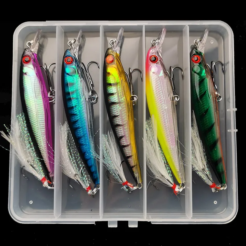Fishing Lure Accessories - 3Dレーザーアイミノールアー,フェザー付きハードベイト,最大キャッチ,5ピース/箱,13.3g/6.8g