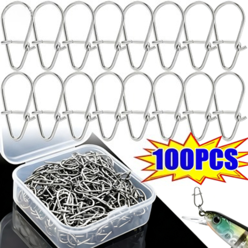 Fishing Lure Accessories - 100 個ステンレス鋼釣りスナップフック付きスナップピンファストロッククリップアクセサリータックルバレルスイベルルアーフック釣りツール用